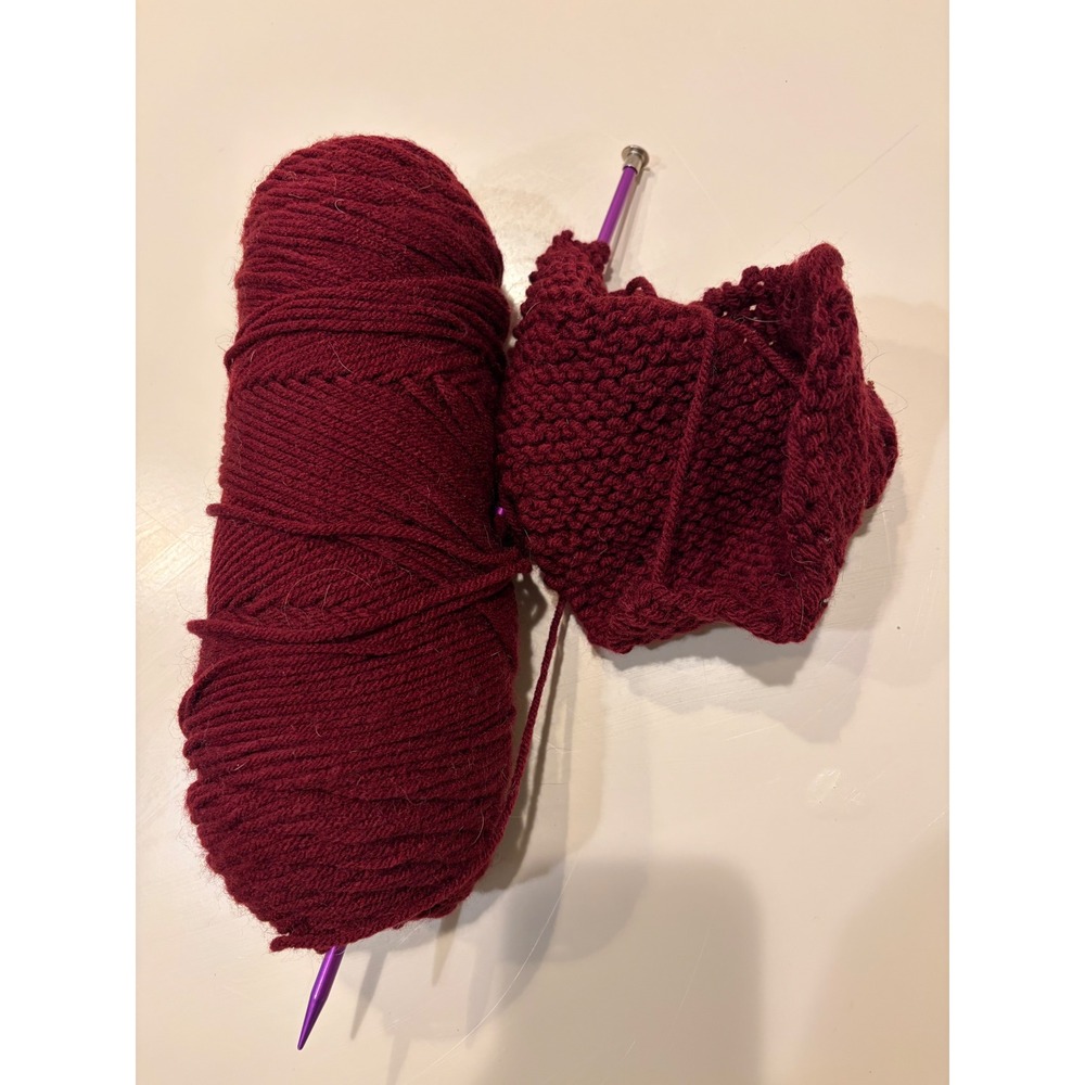 Burgundy Red Acrylic Yarn Skein with Knitting Needle and Starter Piece Set